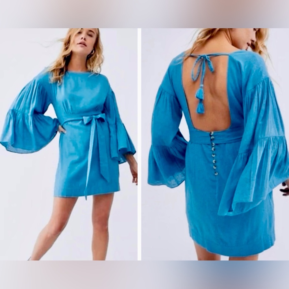 FREE PEOPLE Maidia Teal Blue Flowy Long Sleeve Mini Dress w Open Back